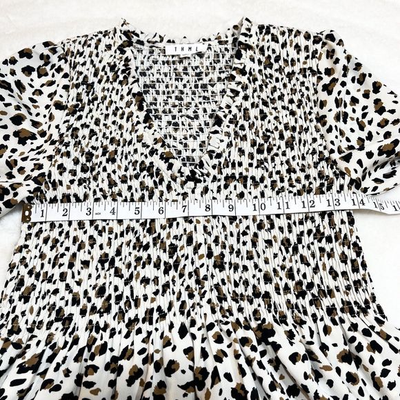 THML Leopard Print V-Neck Long Balloon Sleeve Ruched Ivory Black Shirt Top Sz S - Picture 9 of 10